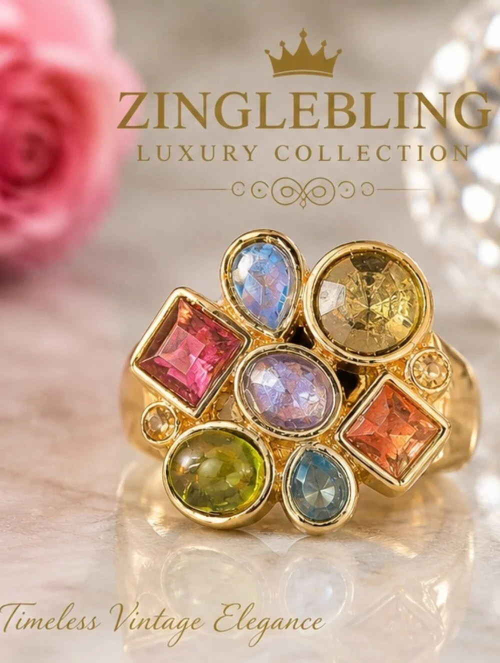 Vintage 1993 Multicolor Statement Cocktail Ring 18K Gold Triple Plated Size 8